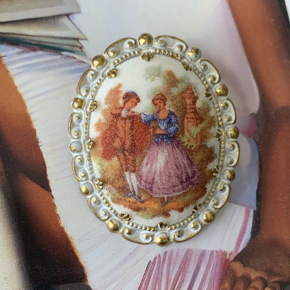 Signed Made in Germany Vintage Victorian Courting Lovers Revival Brooch Pin